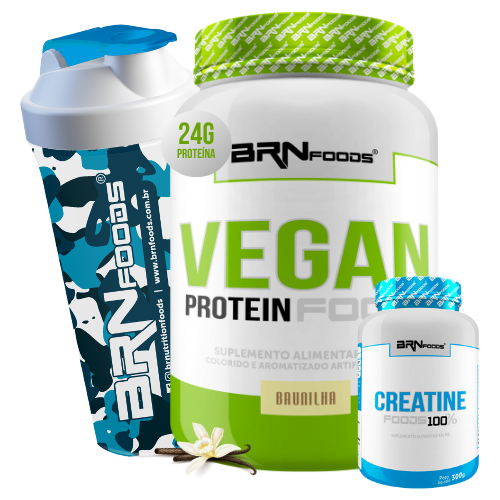 Kit Vegan Protein 2kg + Creatina 100% Pura 300g + Coqueteleira - BRN Foods