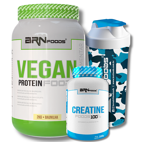 Kit Vegan Protein 2kg + Creatina 100% Pura 300g + Coqueteleira - BRN Foods