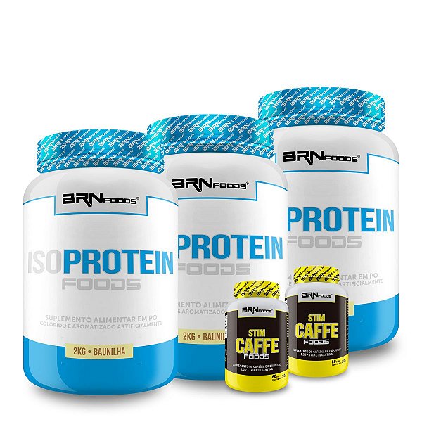 Kit 3 Unidades Iso Protein 2kg + 2 Unidades Stim Caff 60 Cápsulas BRN Foods
