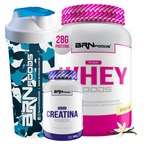 Kit Pink Whey Protein 2kg + PREMIUM Creatina 300g + Coqueteleira - BRN Foods