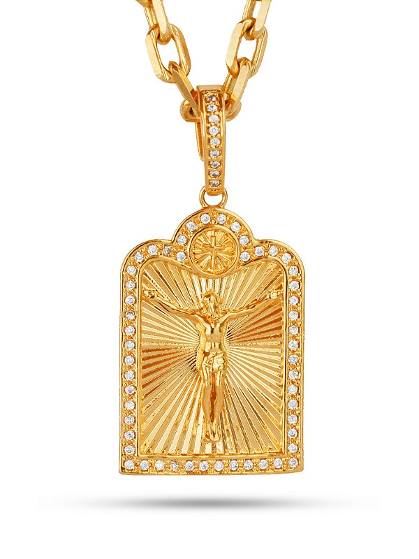 Corrente Jesus Cristo placa cravejada - cadeado - banhado a ouro 18k