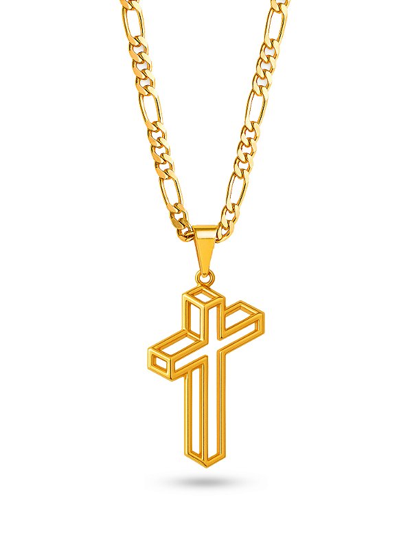 Corrente cruz 3D - 3 por 1 - banhado a ouro 18k