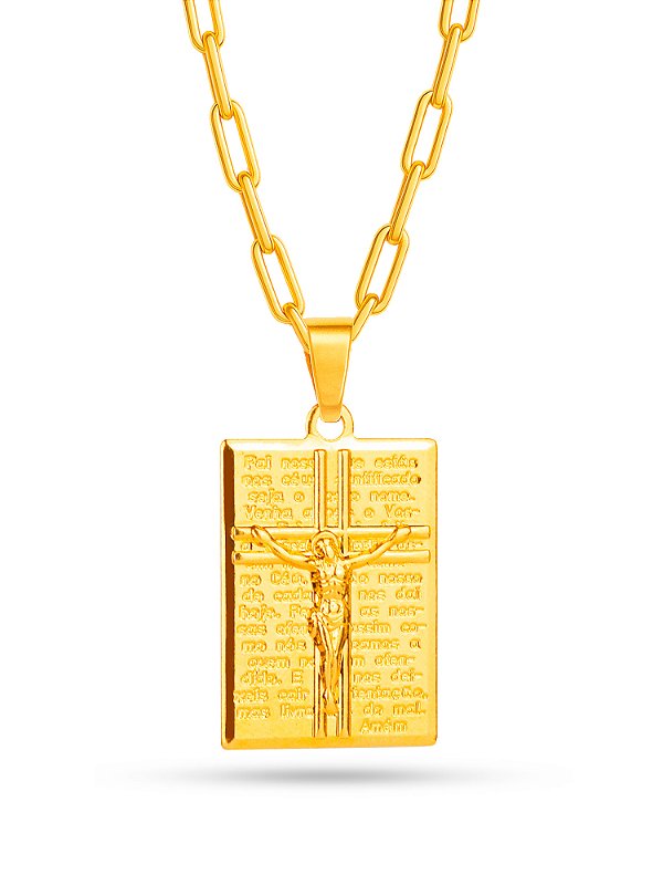 Corrente Jesus Pai nosso - elo longo - banhado a ouro 18k