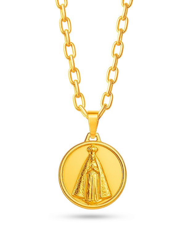 Corrente Nossa Senhora medalha - cadeado - banhado a ouro 18k