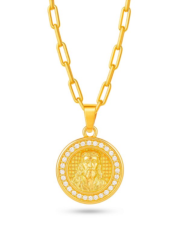 Corrente Jesus medalha cravejado - elo longo - banhado a ouro 18k