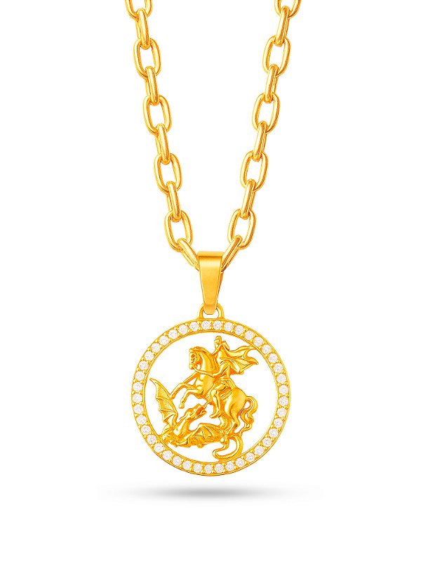 Corrente São Jorge cravejado - cadeado - banhado a ouro 18k