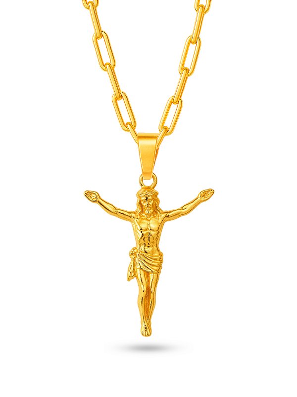 Corrente Cristo braços abertos - elo longo - banhado a ouro 18k