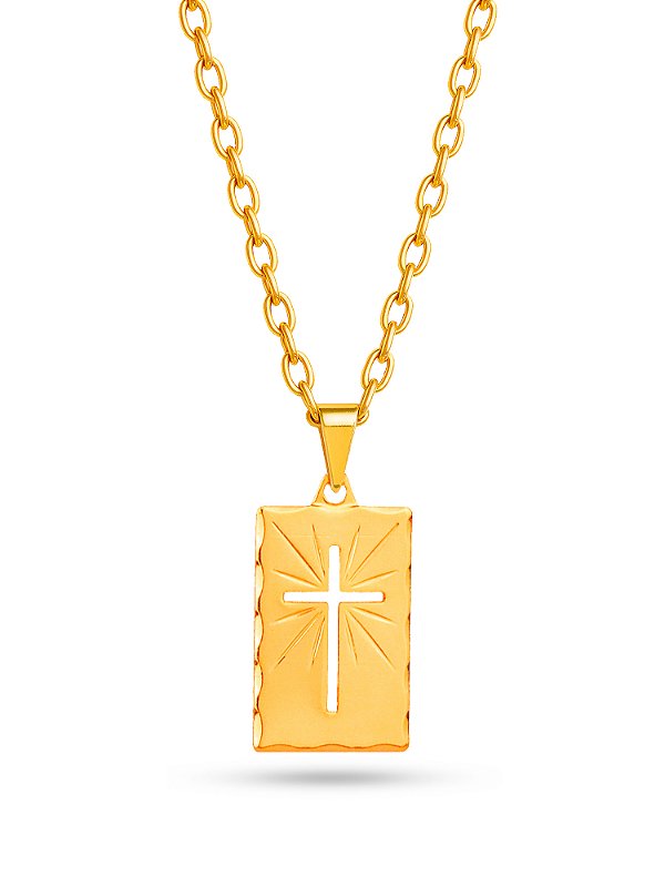 Corrente plaquinha com cruz - cadeado - banhada a ouro 18k