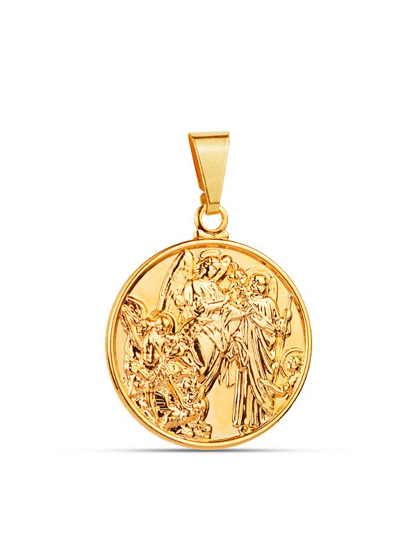 Pingente medalha 3 Anjos 2,5 x 2,5 cm - banhado a ouro 18k