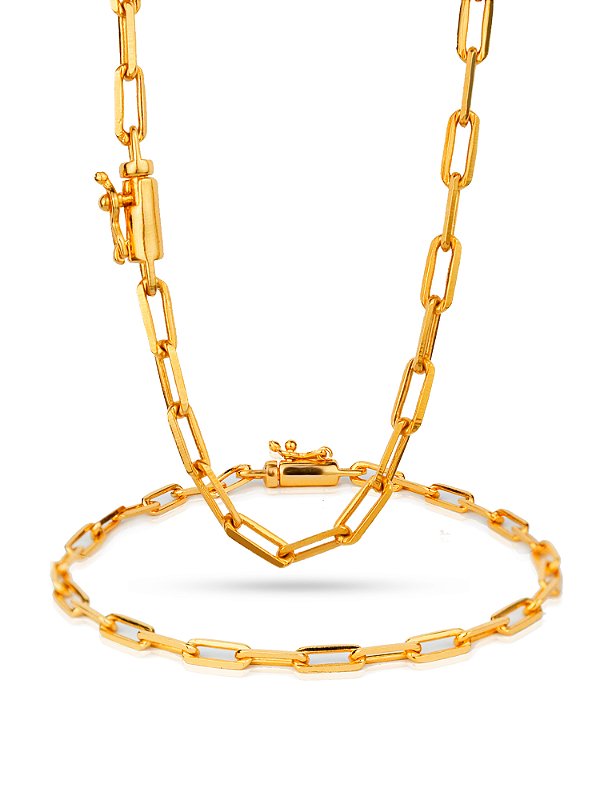 Conjunto Elo longo 3 mm - fecho canhão - banhado a ouro 18k