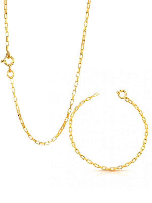 Conjunto Tijolinho 1,5 mm - fecho tradicional - banhado a ouro 18k