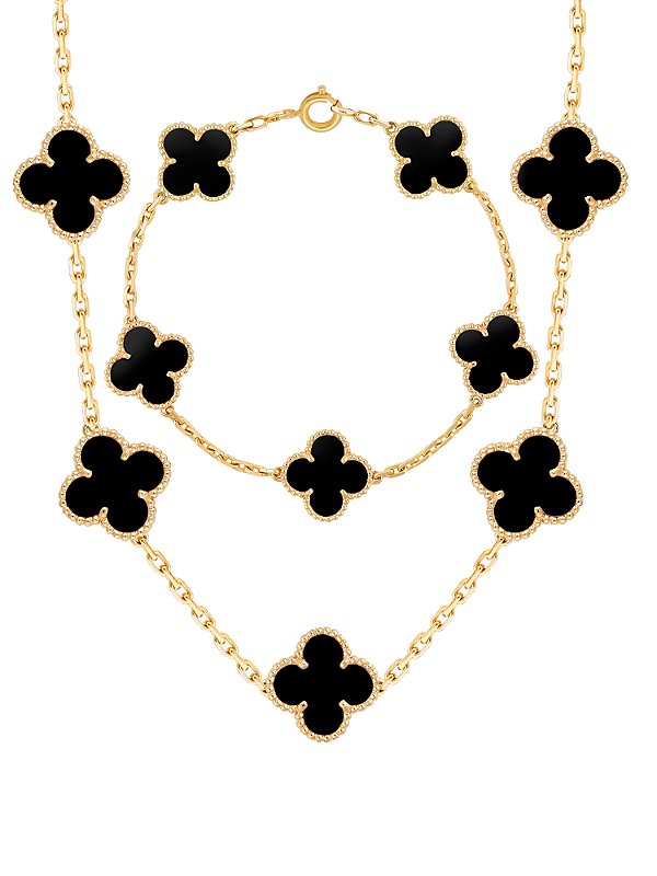 Conjunto trevos pretos - colar e pulseira - banhado a ouro 18k
