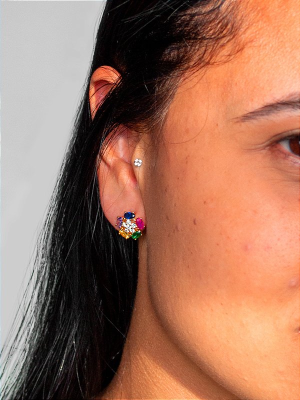 Brinco Flor Colorida Cravejado - banhado a ouro 18k