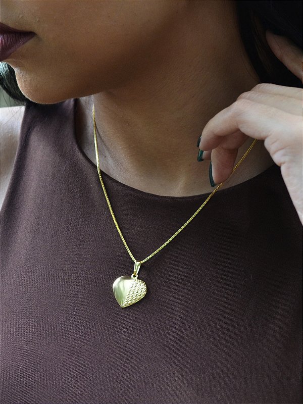 Colar coração dupla textura - banhado a ouro 18k