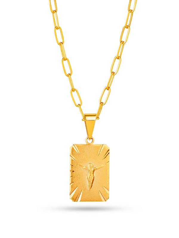 Corrente Jesus Cristo em destaque - elo longo - banhada a ouro 18k