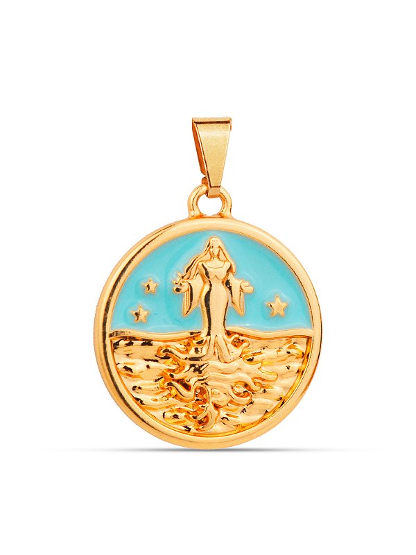 Pingente medalha Iemanjá azul - banhado a ouro 18k