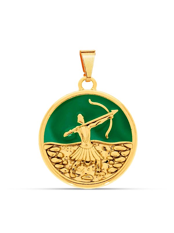 Pingente medalha Oxossi verde 2,5 x 2,5 cm