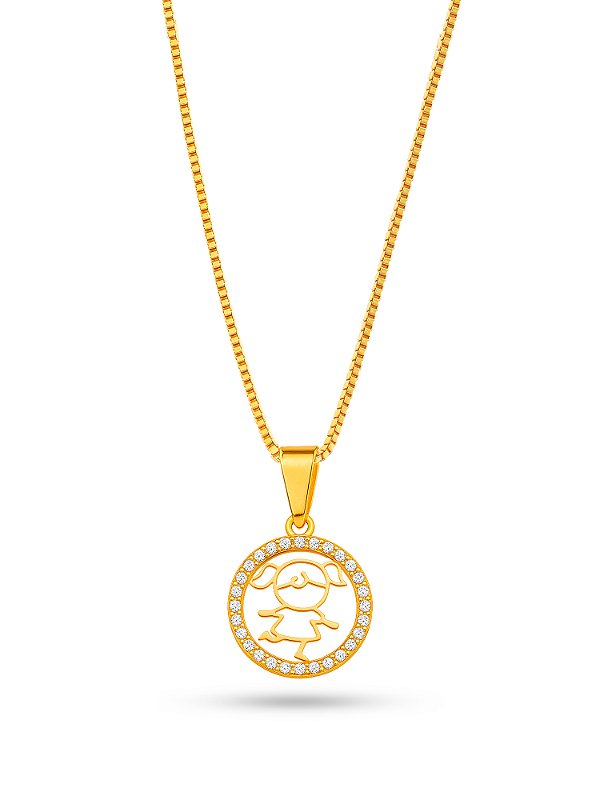 Corrente medalha menina cravejado - banhado a ouro 18k