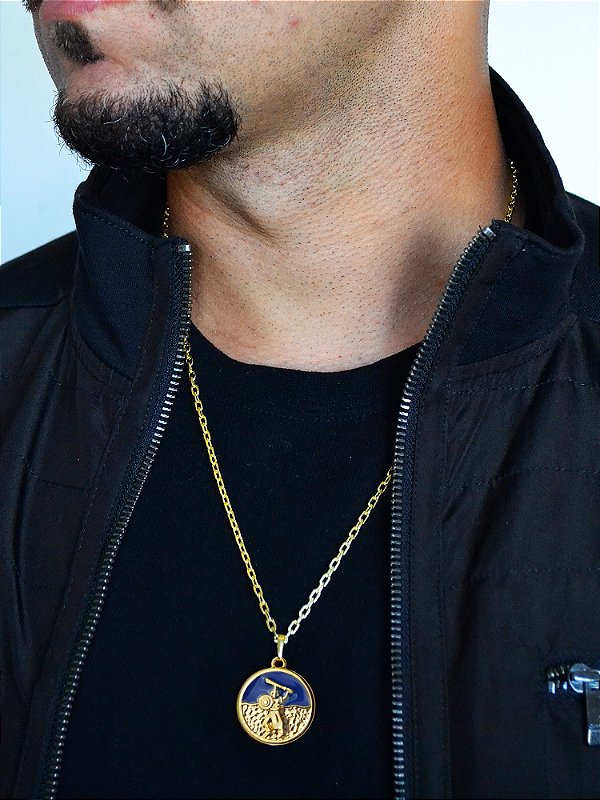 Corrente Ogum azul - cadeado - banhado a ouro 18k