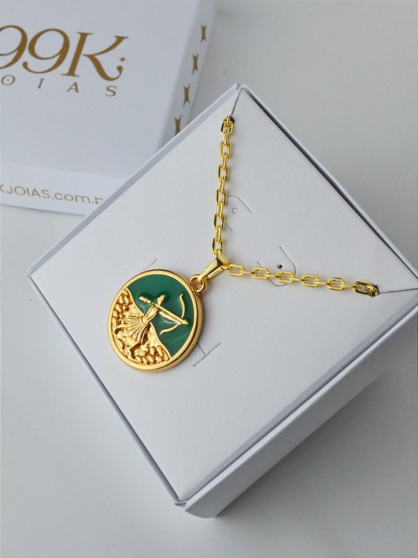 Corrente Oxossi verde - cadeado - banhado a ouro 18k