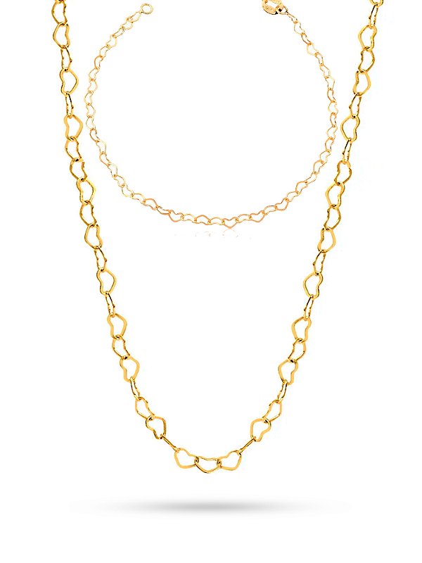 Conjunto corações - corrente e pulseira - banhado a ouro 18k