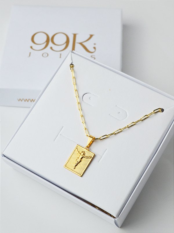 Corrente plaquinha Jesus Cristo - elos longos - banhado a ouro 18k