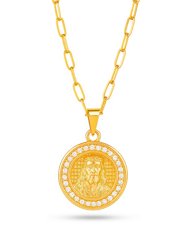 Corrente Jesus Cristo medalha cravejada - elos longos - banhado a ouro 18k