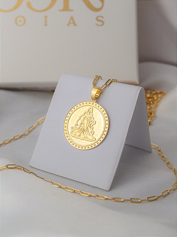 Corrente Iemanjá medalha 3D - elos longos - banhado a ouro 18k