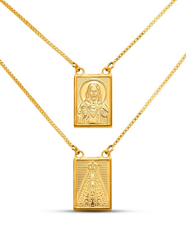 Escapulário Jesus Nossa Senhora - veneziana - banhado a ouro 18k