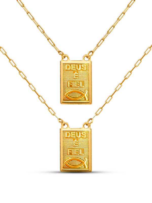 Escapulário Deus é fiel - elos longos - banhado a ouro 18k