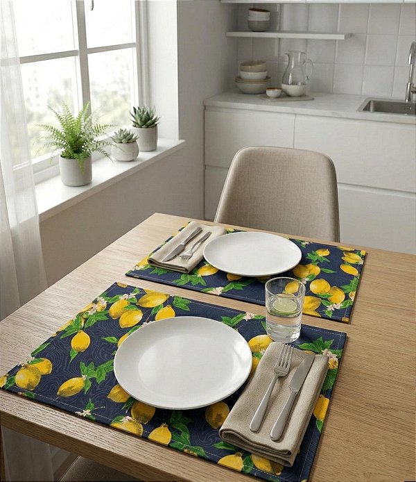 Jogo Americano Azul 6 Peças Limões