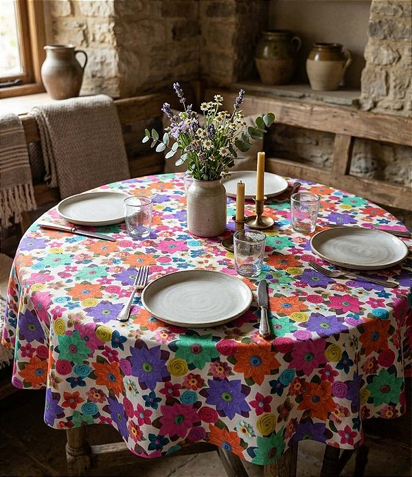 Toalha de Mesa Redonda 4 Lugares Branca Mil Flores