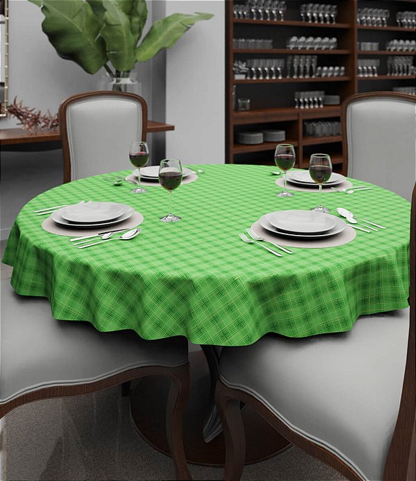 Toalha de Mesa Xadrez Verde Redonda 4 Lugares com Dourado