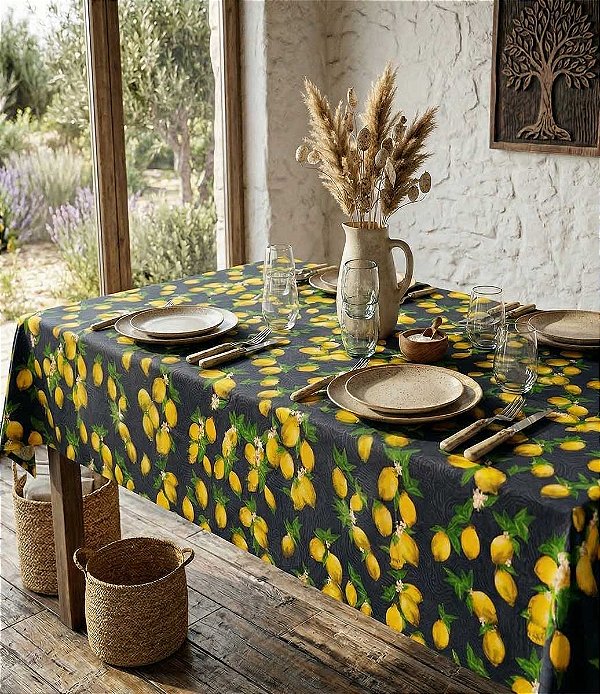 Toalha de Mesa Quadrada Azul 4 Lugares Limões