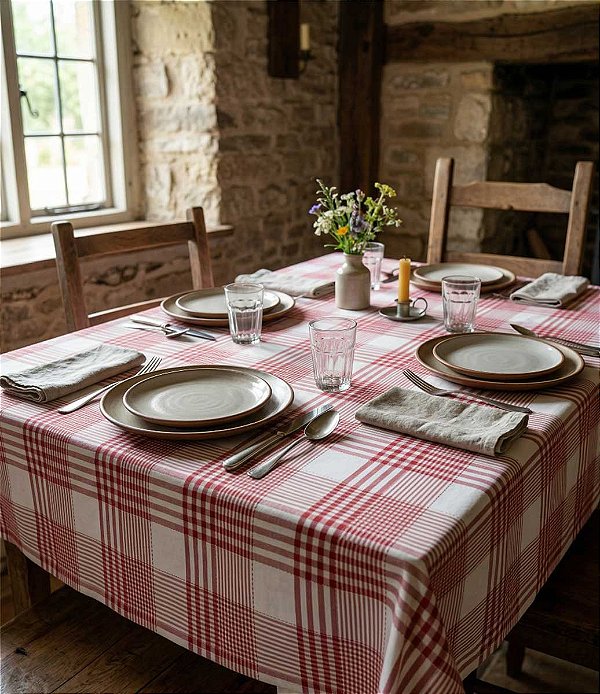 Toalha de Mesa Quadriculada Vermelha Quadrada 4 Lugares