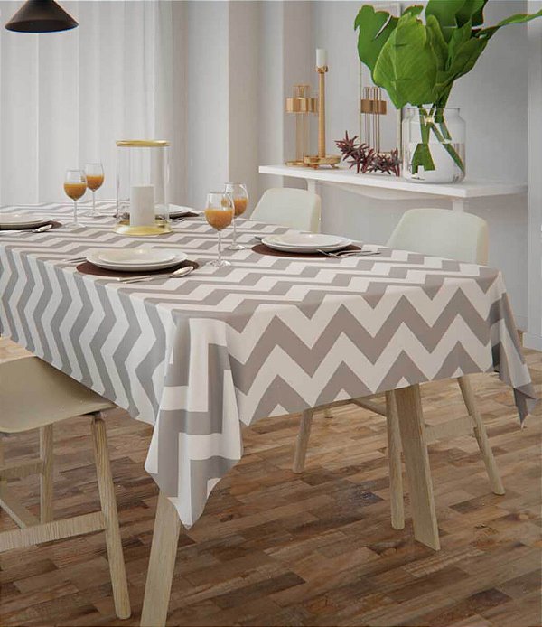 Toalha de Mesa Zig Zag Branca com Cinza Quadrada 8 Lugares