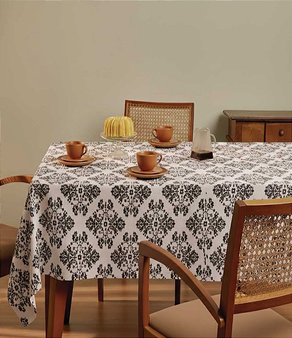 Toalha de Mesa Retangular 10 Lugares Branca Estampada com Arabescos