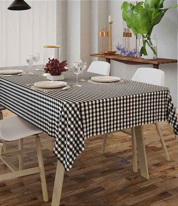 Toalha de Mesa Xadrez Preto e Branco Retangular 10 Lugares