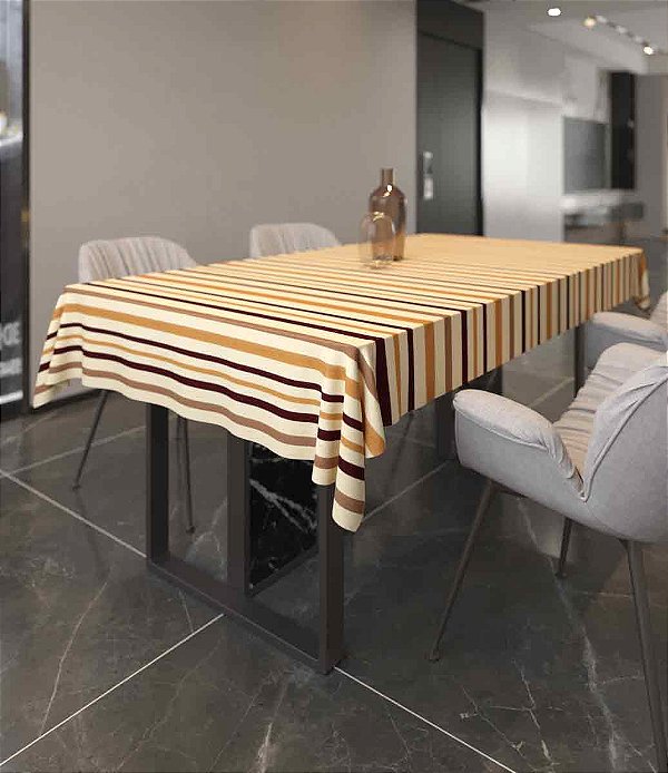 Toalha de Mesa Impermeável Listrada Bege Retangular 10 Lugares