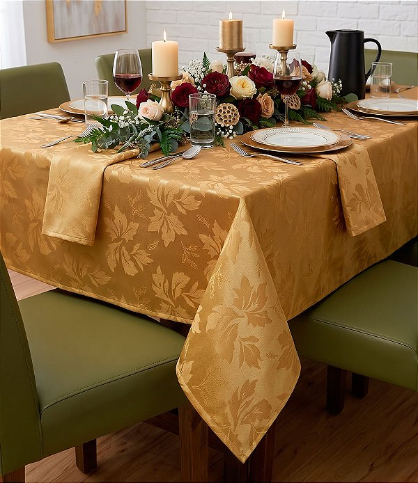 Toalha de Mesa Retangular 10 Lugares Dourada Jacquard