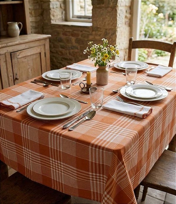 Toalha de Mesa Xadrez Laranja Retangular 8 Lugares Classic