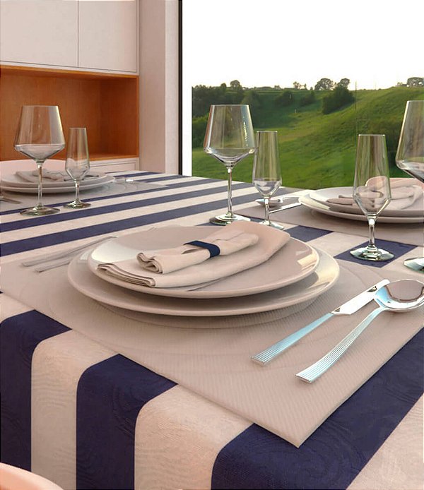 Toalha de Mesa Retangular 6 Lugares Listrada Azul com Branco