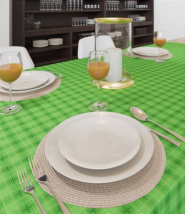 Toalha de Mesa Xadrez Verde Retangular 6 Lugares com Dourado