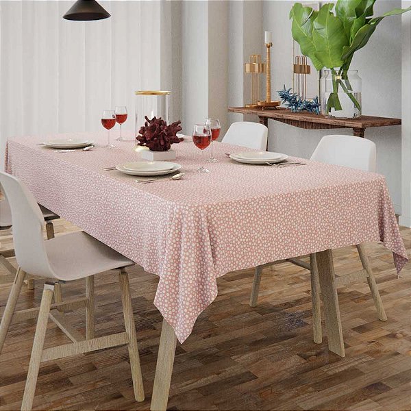 Toalha de Mesa Rosa com Bolinhas Brancas Retangular 4 Lugares