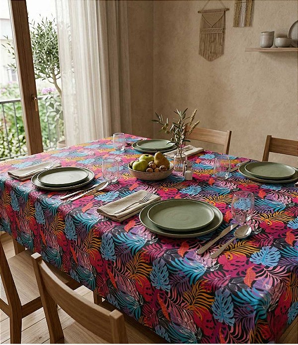 Toalha de Mesa Retangular 4 Lugares Rosa com Folhagens