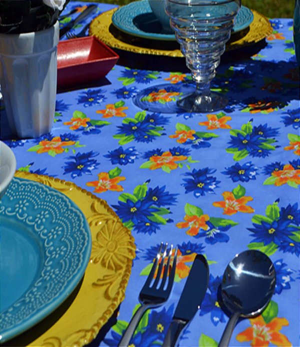 Toalha de Mesa Azul Floral 4 Lugares Retangular Florisbela