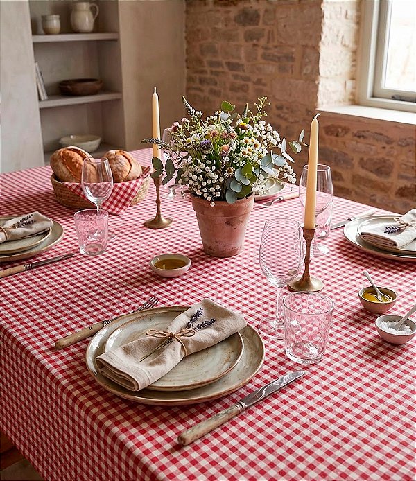 Toalha de Mesa Quadriculada Vermelha e Branca Retangular 4 Lugares Piquenique