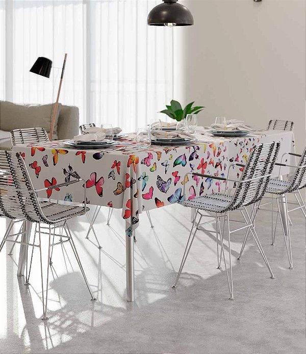 Toalha de Mesa Retangular 8 Lugares Branca Borboletas