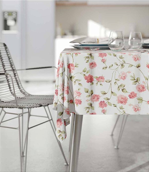 Toalha de Mesa Branca Retangular 8 Lugares Florzinhas
