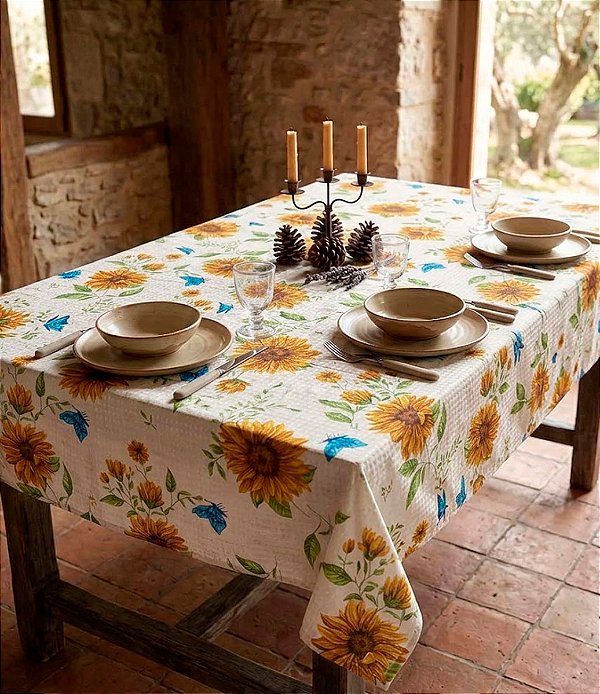 Toalha de Mesa Branca Retangular 10 lugares Flor Amarela